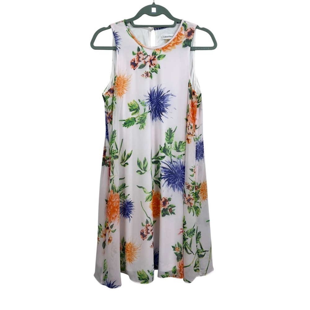 Calvin Klein Women's White Floral Sleeveless Keyhole Shift Dress Size 10